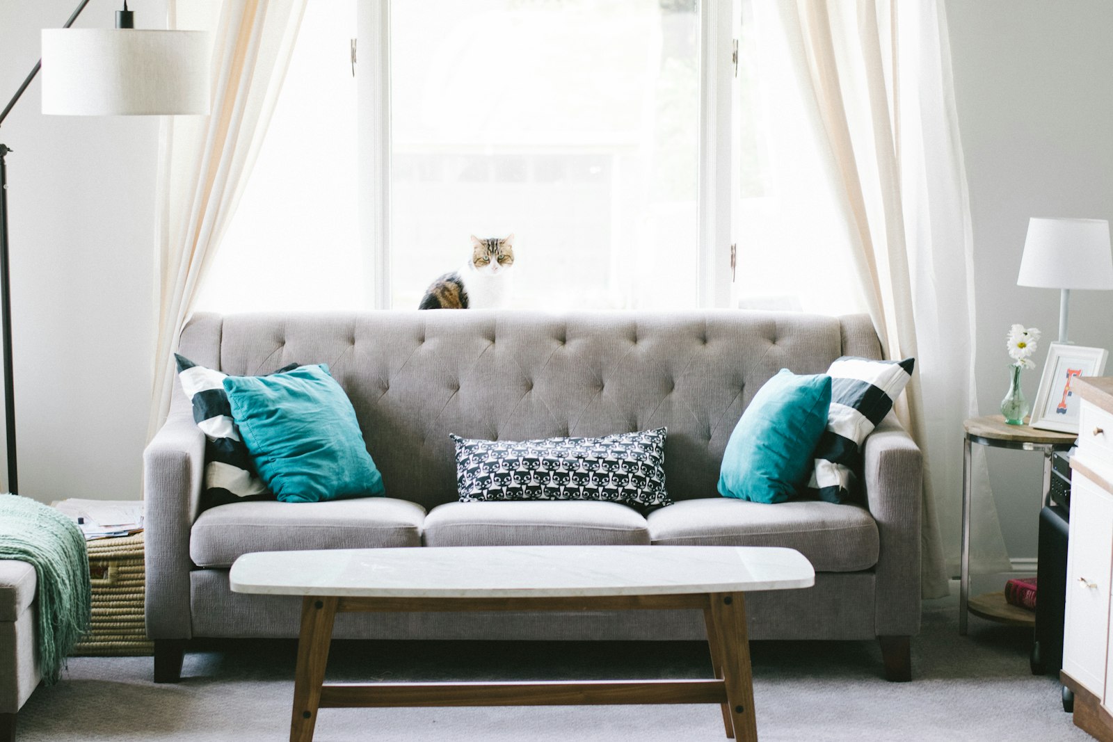 A well-staged vacation rental living room with a tufted sofa, accent pillows, and a marble coffee table — the polished presentation that consistent cleaning standards make possible in a Bentonville short-term rental